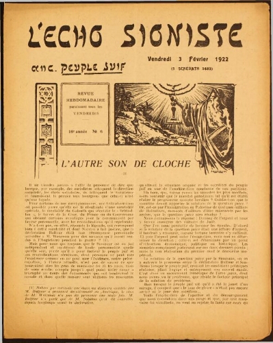 L'Echo Sioniste. Vol. 16 n° 6 (3 février 1922)